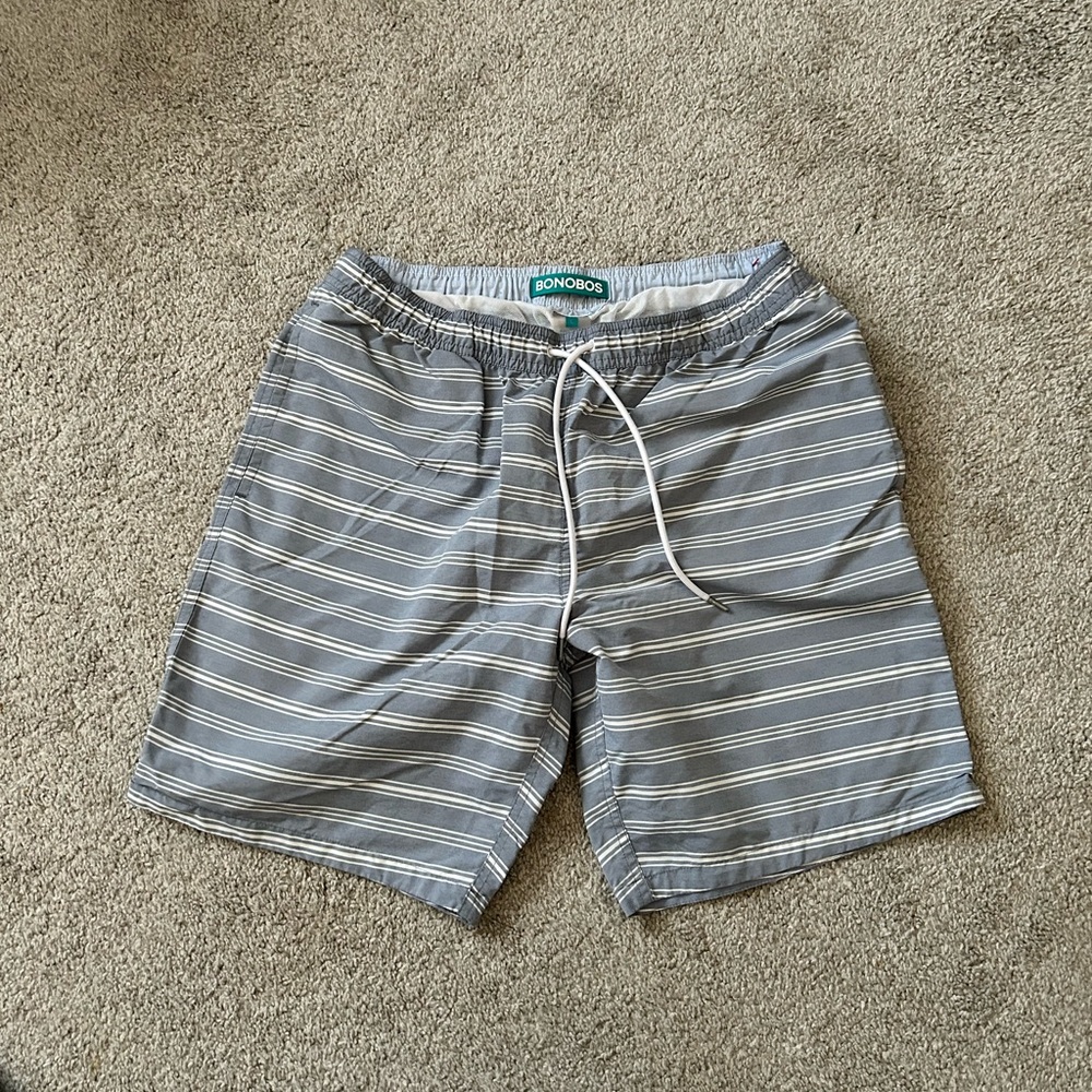 BONOBOS Swim Trunks Shorts Gray White Stripe 9 Inch Inseam Size‎ L